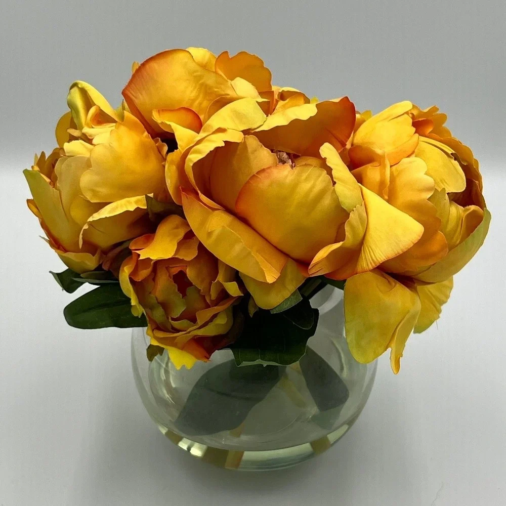 Faux Peony Arrangement OS Yellow Brand New Silk Flowers Glass Vase